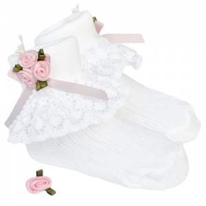 Girls White Lace Socks with Baby Pink Rosebud Cluster